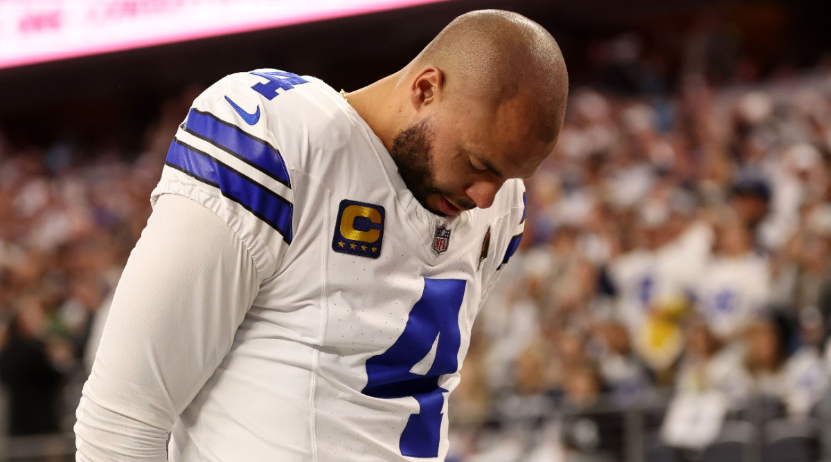 Jan 14, 2024; Arlington, Texas, USA; Dallas Cowboys quarterback Dak Prescott (4) before the 2024 NFC wild card game against the Green Bay Packers at AT&T Stadium.